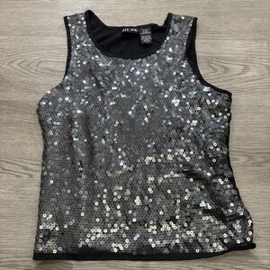DFA New York Sleeveless Tank Top Black & Silver Sequin Women Size XL Vintage Y2K